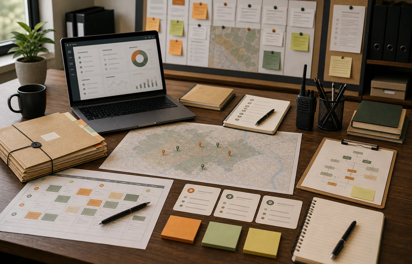 Campaign management operations desk with field reports and route planning