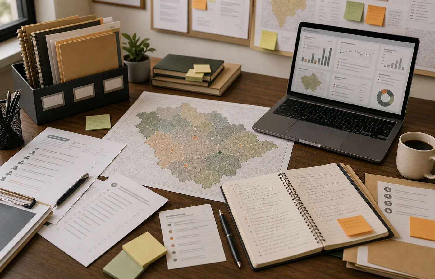 Election research desk with constituency map and analysis materials