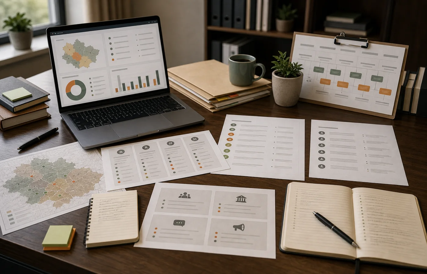 Governance advisory briefing desk with issue review materials