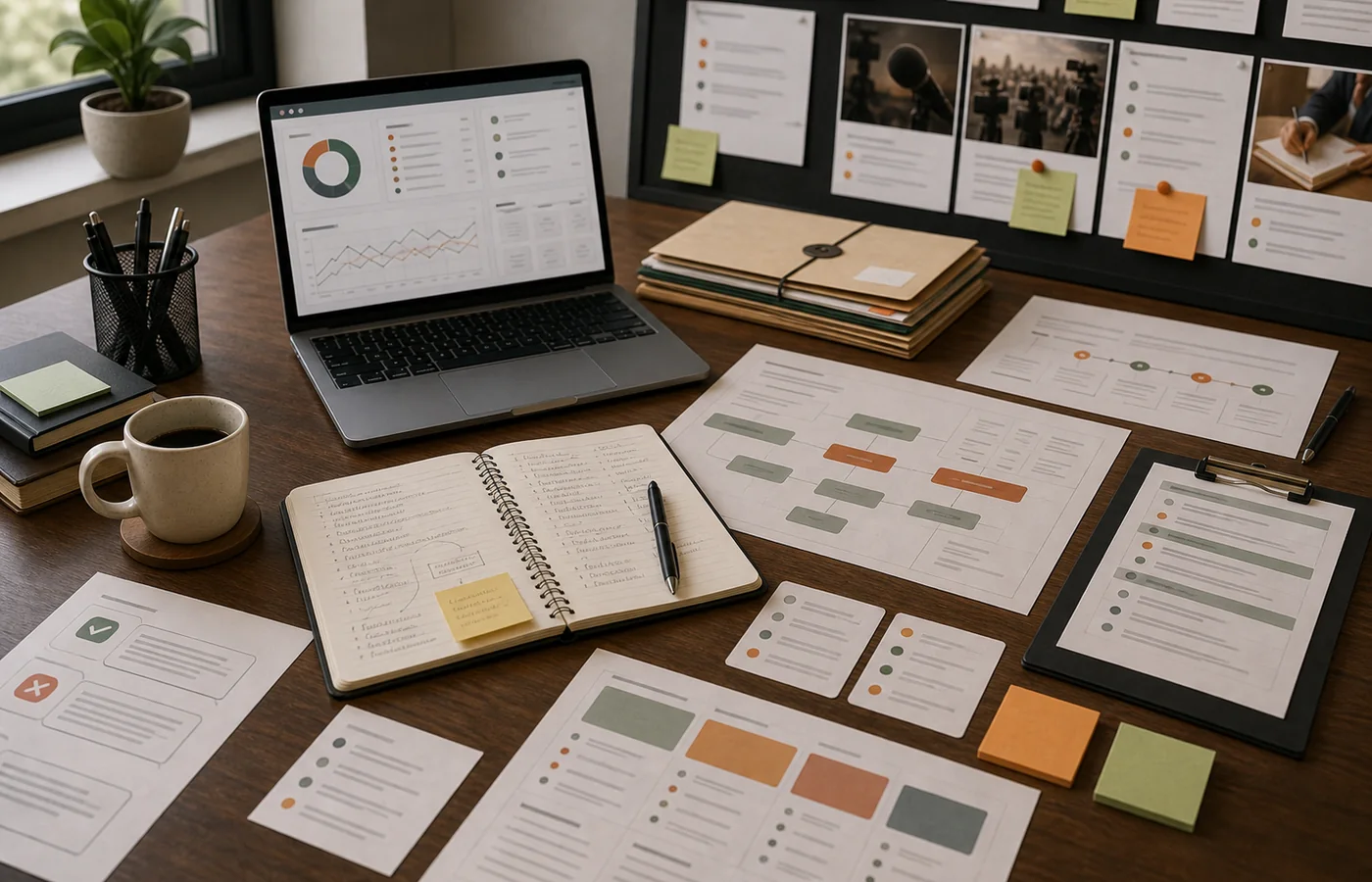 Narrative management desk with media review and message planning materials