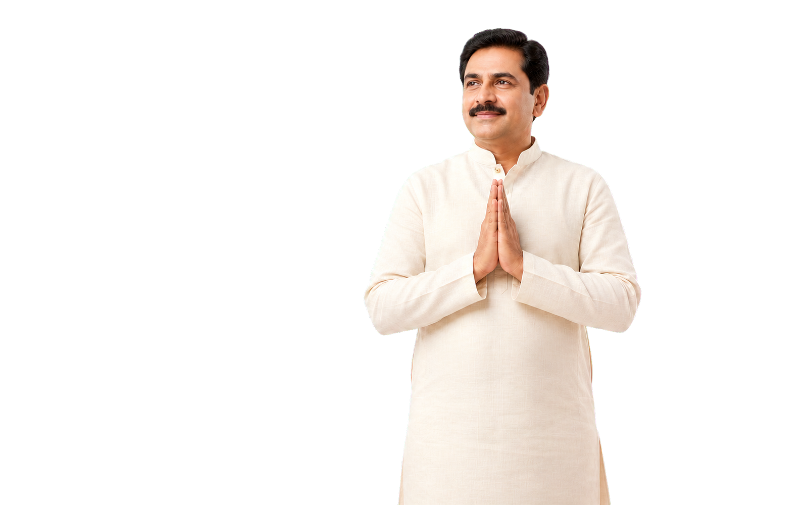 Fictional Indian public representative in a kurta greeting with folded hands