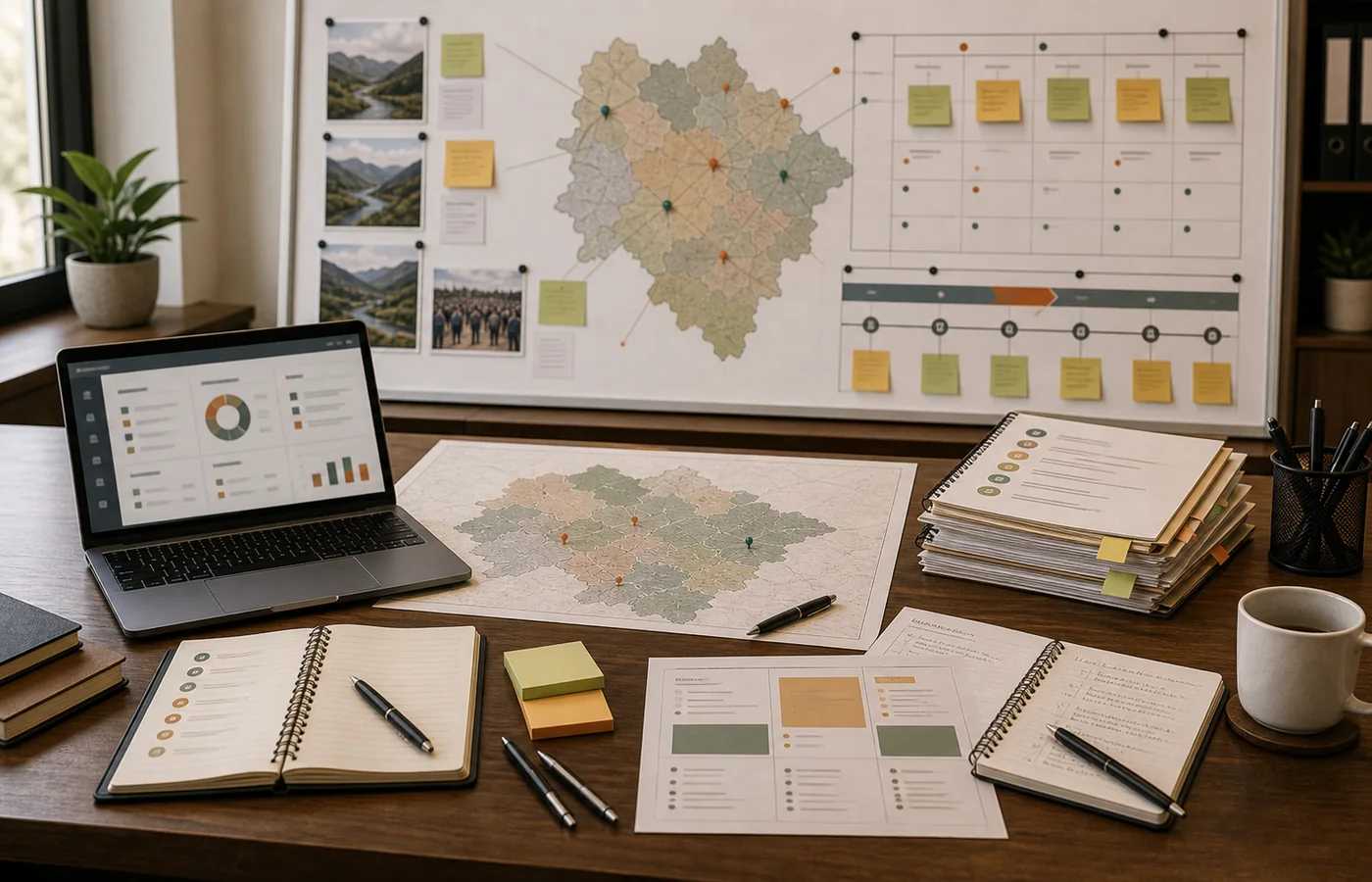 Political strategy planning desk with mandate brief and constituency map
